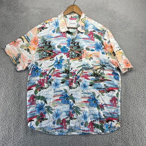 Tommy Bahama Hawaiian Shirt Men's XL Colorful Floral All Over Tencel Palm tree - Picture 1 of 10
